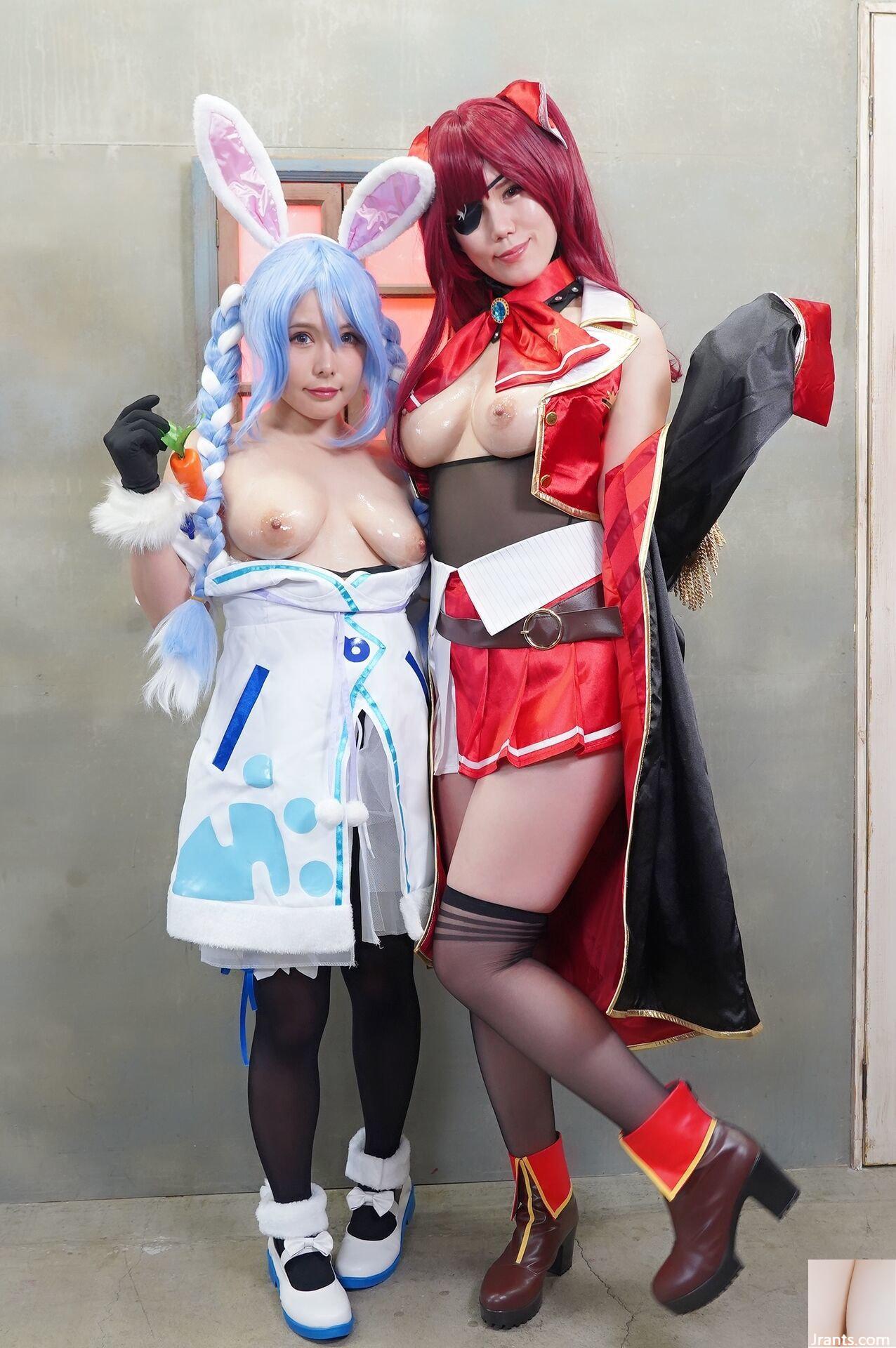 Double Big Breasts Nuruteka Oil Covered Harem 3P Sex (Ho〇 Live Hojo Marin & Usada Pekora) - Ảnh 30