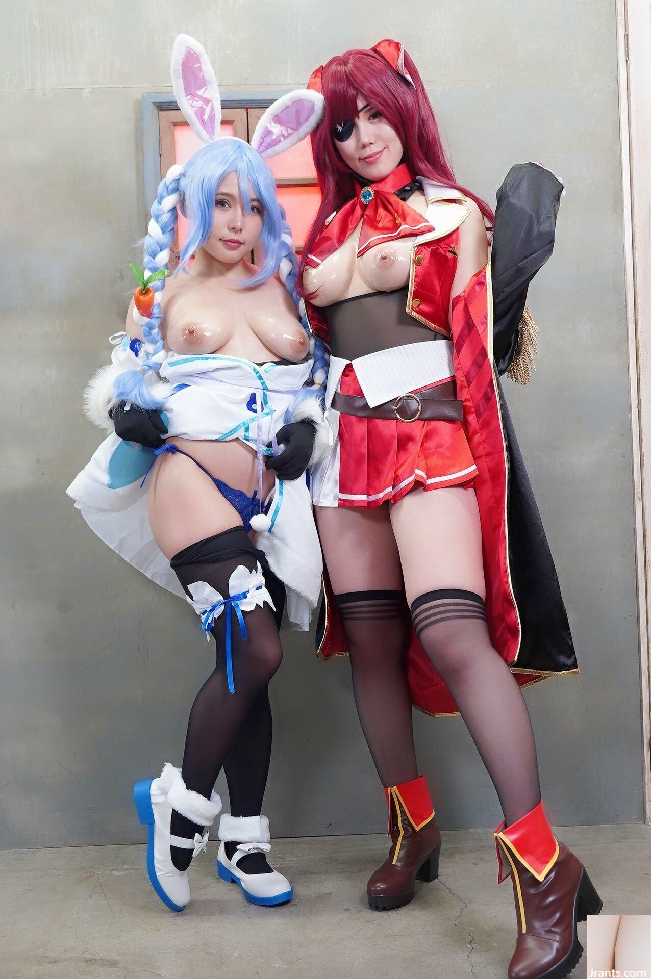 Double Big Breasts Nuruteka Oil Covered Harem 3P Sex (Ho〇 Live Hojo Marin & Usada Pekora) - Ảnh 32