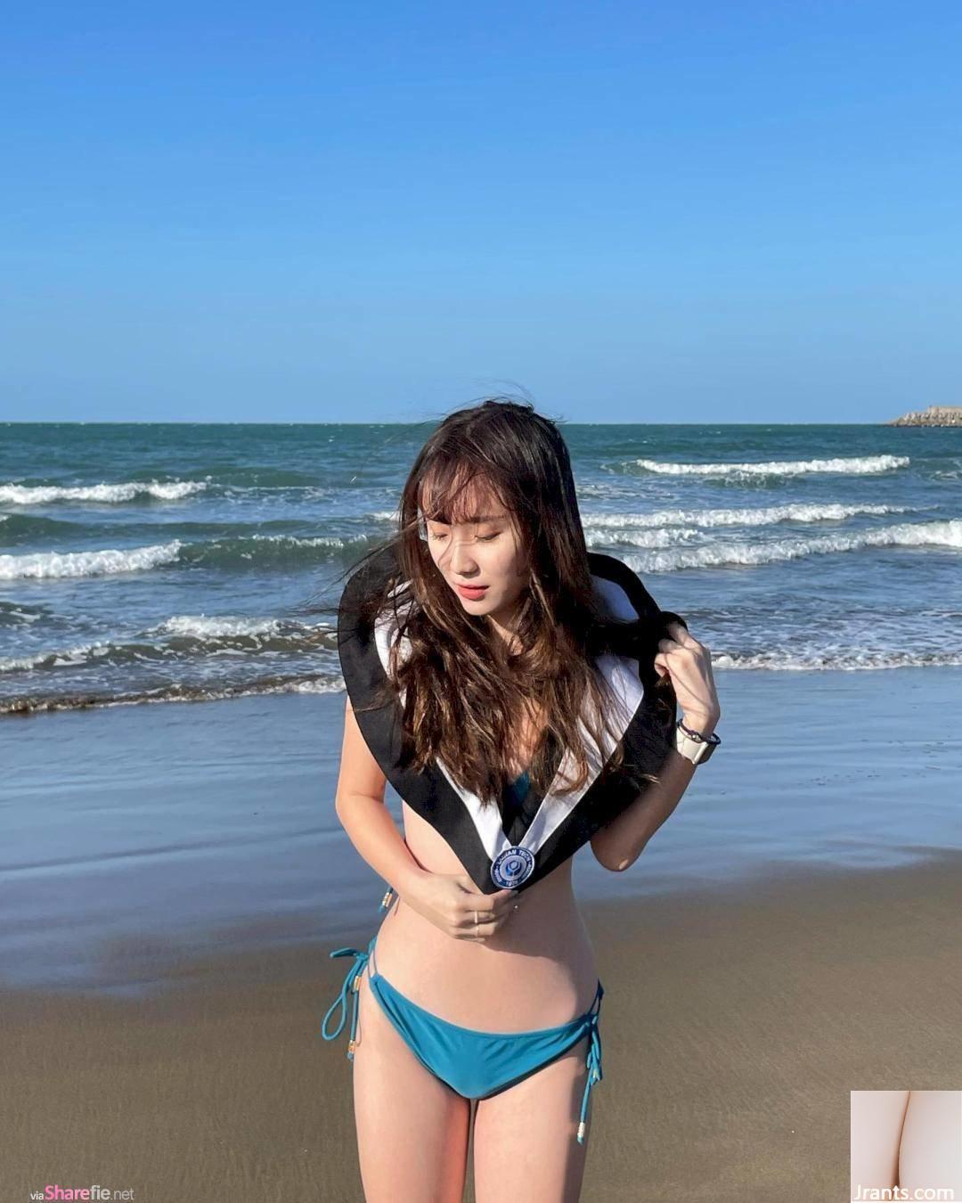 Cô gái xinh đẹp chụp ảnh tốt nghiệp trong gió lạnh ở bãi biển - Ảnh 4