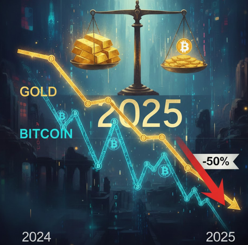 Tỷ lệ Bitcoin so với vàng giảm 50% trong năm 2025