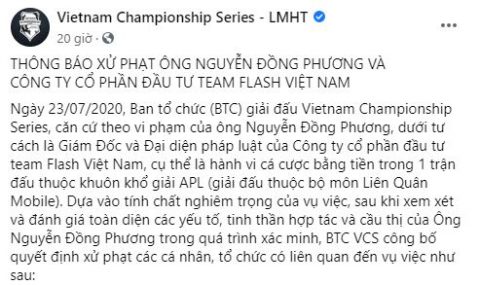 Án phạt liên quan tiêu cực nặng nhất mà VCS từng đưa ra dưới thời Garena chắc chỉ có vụ phạt chủ Team Flash nhưng là lỗi vi phạm của đội bên Liên Quân