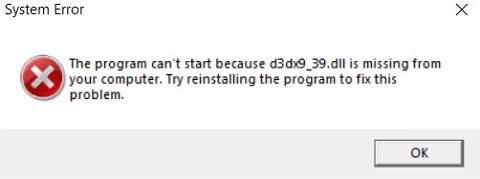 Lỗi thiếu file d3dx9_39 - nguồn: Facebook
