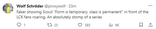 BLV Wolf nhận định Faker cho Scout thấy "thế nào là phong độ nhất thời, đẳng cấp là mãi mãi"