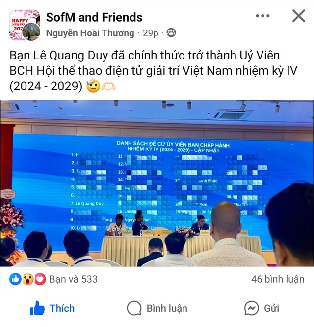 Sofm được bầu làm Ủy Viên BCH Hội thể thao điện tử giải trí Việt Nam nhiệm kỳ IV (2024 - 2029) - Ảnh: SofM and Friends Sofm được bầu làm Ủy Viên BCH Hội thể thao điện tử giải trí Việt Nam nhiệm kỳ IV (2024 - 2029) - Ảnh: SofM and Friends