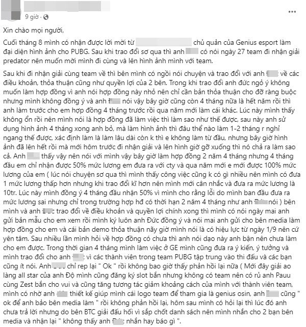Nữ streamer Hana*** chia sẻ việc bị quản lý GE nhập nhằng hợp đồng và nợ lương - nguồn: Facebook NV
