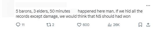 "5 Baron, 3 Rồng Ngàn Tuổi, 50 phút, cái gì đang xảy ra vậy? Nếu chúng ta che đi các thông số trừ sát thương, chắc tôi đã nghĩ NS phải thắng"