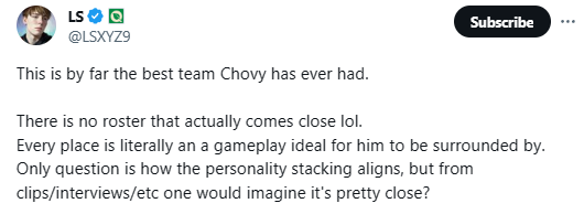 LS từng nhận định "đây là đội hình mạnh nhất Chovy từng thi đấu cùng" nhưng cũng bày tỏ sự nghi ngờ về khả năng thành công của đội