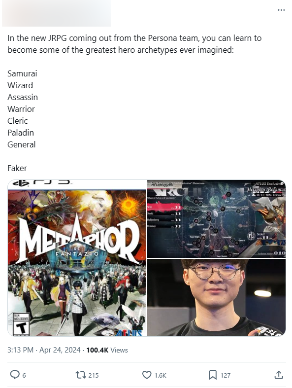 Khán giả phát hiện tên Faker xuất hiện trong một tựa game JRPG có tên là Metaphor