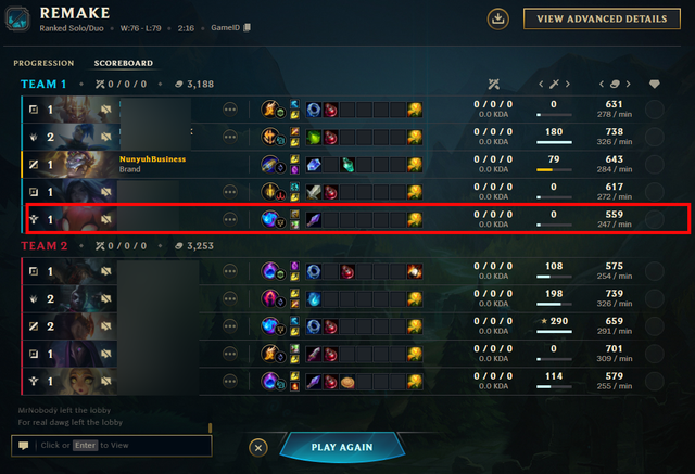 Trận đấu đã remake khi có người chơi AFK với Yuumi