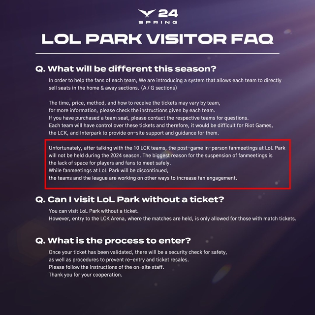 Ruler cũng lên án việc LCK không tổ chức fan meeting theo mỗi trận đấu nữa dù đây là một đặc trưng của LCK với lý do của BTC đưa ra là không đảm bảo an toàn cho tuyển thủ