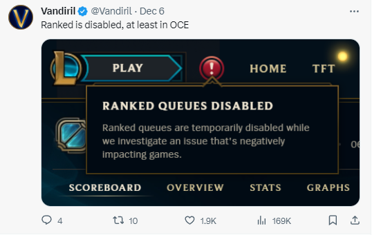 Vandiril: "Chế độ rank bị khóa ngay lập tức, ít nhất là tại máy chủ OCE"