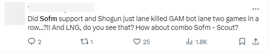 "Có phải SofM Hỗ Trợ và Shogun Xạ Thủ đi lane và hạ gục cặp bot của họ liên tiếp? Và LNG, mấy ông thấy gì chưa? Mấy ông nghĩ sao về combo SofM - Scout?"