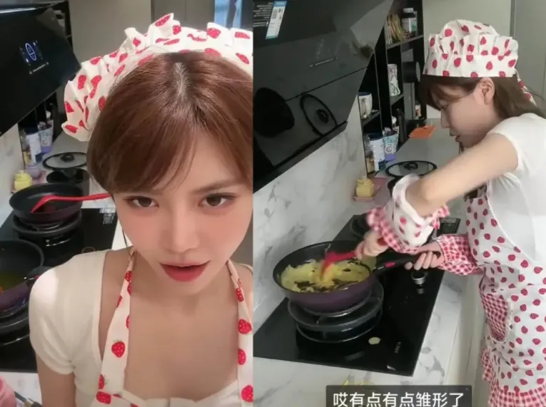 Chu Thư Nghị đang thực hiện content nấu ăn và nhún nhảy theo điệu nhạc