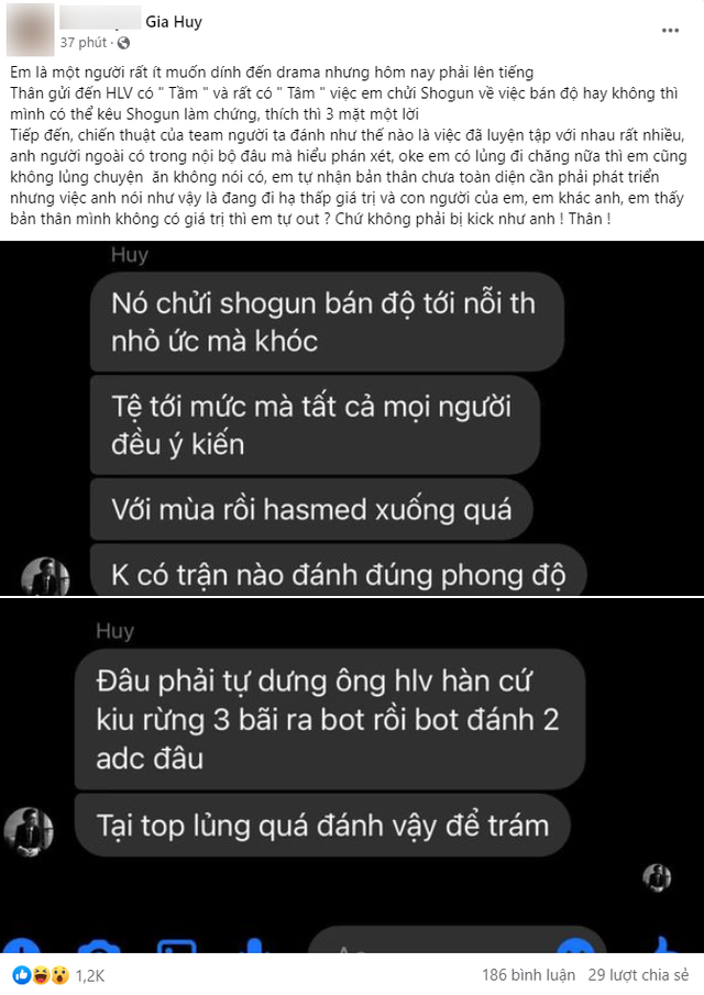 Hasmed phản pháo việc bị HLV JackieWind tố la mắng và vu khống Shogun bán độ - nguồn: FBNV