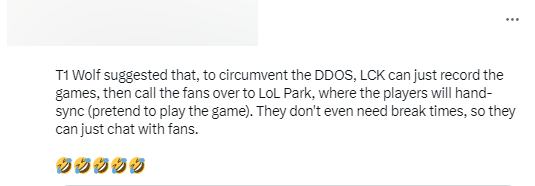 Wolf đề xuất BTC LCK có thể phát lại các trận đấu tại LoL Park, thông báo cho khán giả đến xem và để các tuyển thủ ngồi như thể vẫn đang thi đấu bình thường
