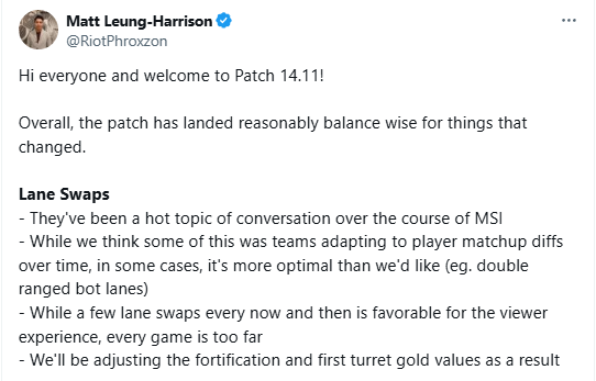 Đại diện Riot thông báo về những thay đổi trong bản cập nhật 14.11 và một trong số đó là thay đổi lượng vàng từ giáp Trụ cũng như trụ đầu tiên để hạn chế việc lạm dụng meta đảo đường