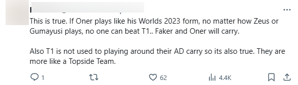 "Điều này chính xác. Nếu Oner chơi như hồi CKTG 2023, không cần quan tâm Zeus và Gumayusi đánh như thế nào, không ai có thể hạ T1. Faker và Oner sẽ "gánh team". Và việc T1 không thường chơi xoay quanh Xạ Thủ của họ cũng đúng luôn. Họ giống một "đội-Đường-Trên" hơn".