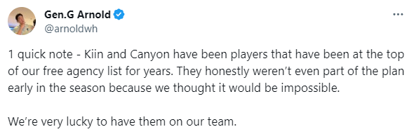 COO Gen.G từng khẳng định Kiin và Canyon là những mục tiêu hàng đầu của Gen.G trong nhiều năm qua và đội từng nghĩ sẽ không thể chiêu mộ được cặp tuyển thủ này