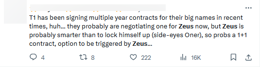 Zeus đang rất được fan T1 mong chờ và có người còn nhận định "quyết định của Zeus sẽ ảnh hưởng luôn đến quyết định của rất nhiều team tại LCK cho vị trí Đường Trên"