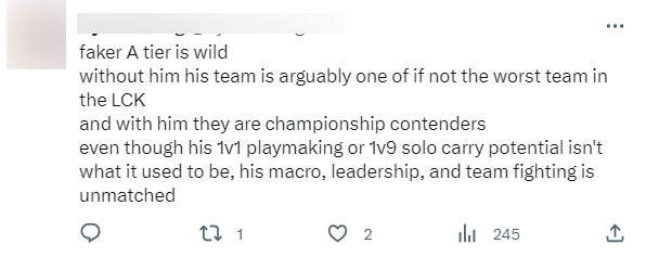 "Faker bị xếp tier A thật sự sai lầm. Không có anh ấy thì T1 chỉ là đội tệ nhất LCK. Và có Faker thì T1 trở thành ứng cử viên vô địch. Ngay cả khi thi đấu dạng playmaker hay "gánh đội" đều không còn như xưa, nhưng khả năng macro, chỉ huy và giao tranh của Faker vẫn đỉnh cao"