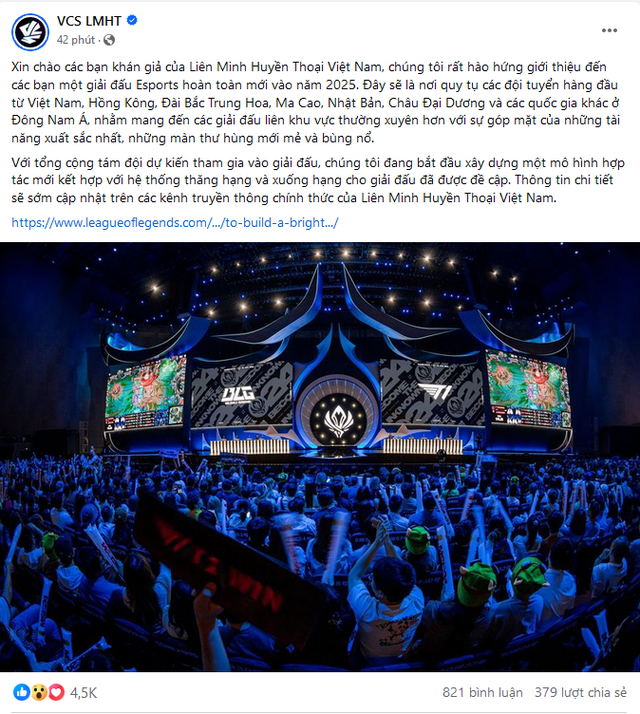 Tuy nhiên theo một thông báo mới của Riot thì VCS sẽ được gộp chung vào khu vực APAC và dự kiến là bắt đầu từ năm tới khi một giải đấu mới ra đời Tuy nhiên theo một thông báo mới của Riot thì VCS sẽ được gộp chung vào khu vực APAC và dự kiến là bắt đầu từ năm tới khi một giải đấu mới ra đời