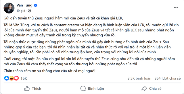 Lên tiếng sau vụ việc Zeus - T1, BLV Văn Tùng vẫn tiếp tục bị "pressing"- Ảnh 1.