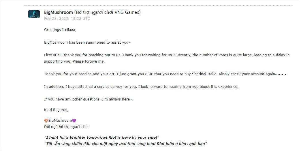 Và Riot quả thực đã gửi cho người này 8 RP còn thiếu - nguồn: Facebook