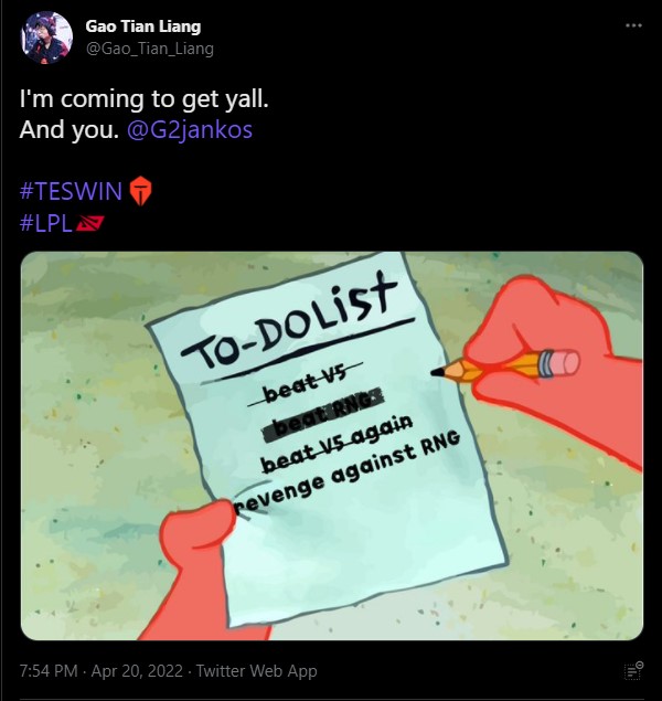 Chưa hạ được RNG nhưng Tian đã tự tin sẽ tới MSI 2022 để bán hành cho G2: Jankos chờ đấy - Ảnh 2.