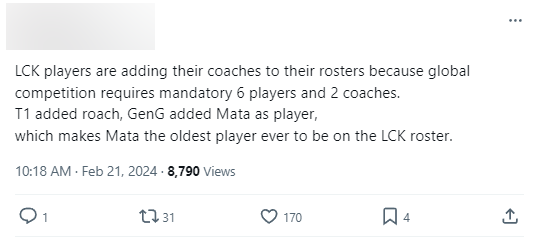 Có thông tin Gen.G đã đôn Mata lên dự bị cho đội chính còn T1 đã xác nhận trường hợp của Roach