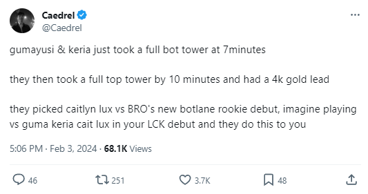 BLV Caedrel nhận định màn thể hiện hoàn hảo của Gumayusi - Keria có thể khiến các đàn em "sang chấn" khi họ quá nghiêm túc và hủy diệt mọi thứ