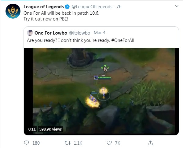 Riot công bố chế độ Một Cho Tất Cả trở lại bản 10.6 - Ảnh 1. Riot công bố chế độ Một Cho Tất Cả trở lại bản 10.6 - Ảnh 1.