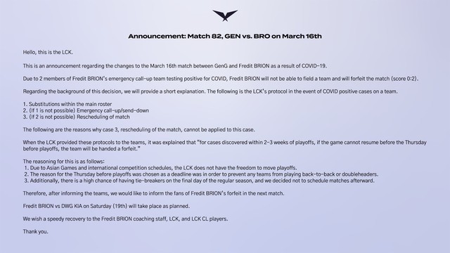 BRO bị LCK xử thua vì COVID-19, fan than thở: Ngài Morgan quá mạnh nên phải cấm luôn Ngài - Ảnh 1.