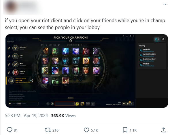 Một người chơi tìm ra cách để hiện tên của đồng đội trong lobby ở phần chọn tướng nhờ vào client của Riot