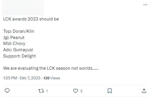 Cũng có người mong rằng LCK sẽ mang lại đúng ý nghĩa của giải thưởng là cả năm chứ không chỉ CKTG