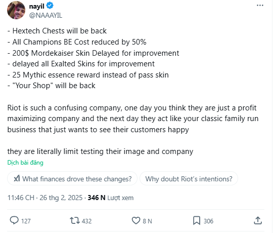 Một streamer nhận định về Riot và thu hút hàng ngàn lượt reaction cũng như hàng trăm lượt repost Một streamer nhận định về Riot và thu hút hàng ngàn lượt reaction cũng như hàng trăm lượt repost