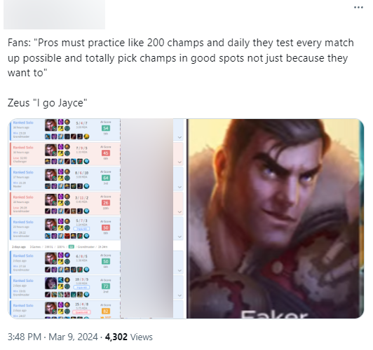 "Người hâm mộ thì kiểu "Tuyển thủ phải tập luyện mỗi ngày hàng trăm tướng và test trong mọi trận đấu, chọn ra tướng phù hợp từng trận chứ không phải tướng họ thích" còn Zeus thì "tôi chọn Jayce""