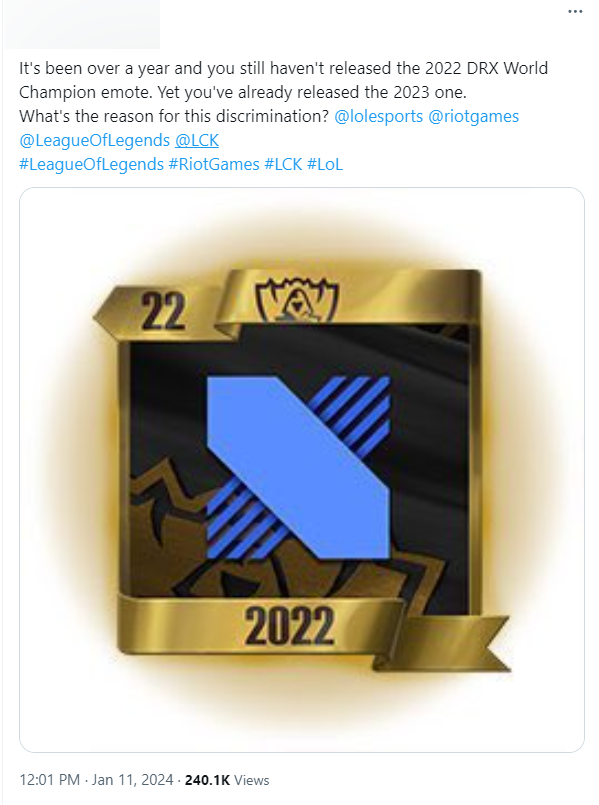 Một fan DRX phát hiện Riot vẫn chưa mang đến emote vô địch CKTG 2022 cho DRX như thường lệ