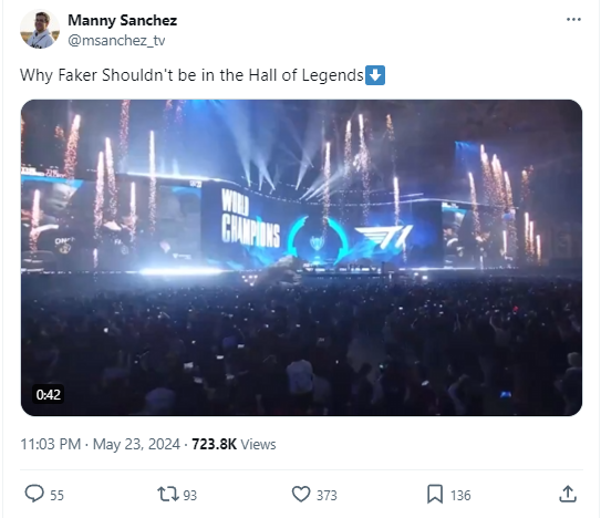 Một bài đăng của Manny Sanchez - nhà sản xuất từng đạt giải Emmys của LCS đưa ra quan niệm của anh về việc Faker có nên xuất hiện trong HoL hay không?