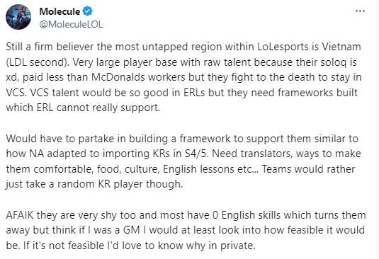 Cựu phân tích viên quốc tế của GAM: "VCS có những tuyển thủ giàu tiềm năng, sẵn sàng thi đấu cống hiến nhưng mức lương hiện tại chưa tương xứng và có những đòi hỏi đặc biệt đối với nhu cầu phát triển". Ngoài ra là những hạn chế của tuyển thủ VCS khi xuất ngoại