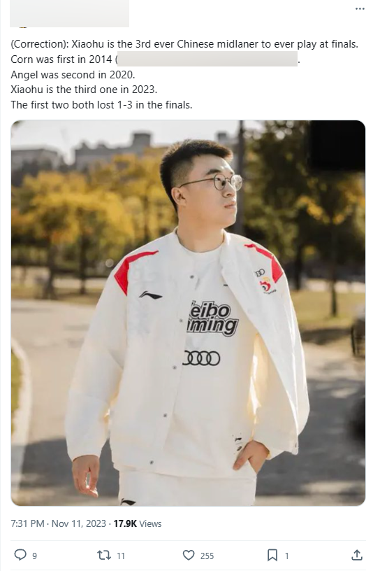 Xiaohu sẽ là đường giữa người Trung thứ 3 đặt chân vào một trận chung kết của một kỳ CKTG