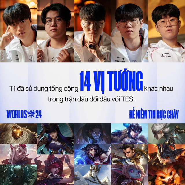 T1 đã sử dụng 14 vị tướng khác nhau chỉ trong 3 ván đấu trước TES - Ảnh: VCS LMHT T1 đã sử dụng 14 vị tướng khác nhau chỉ trong 3 ván đấu trước TES - Ảnh: VCS LMHT