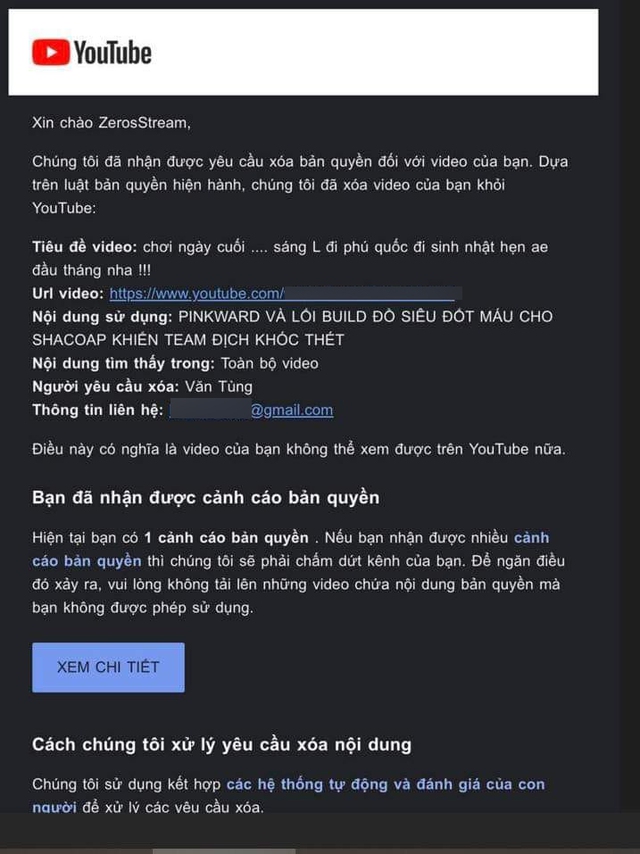 Bản đầ đủ của bức mail YouTube thông báo kênh Zeros vi phạm bản quyền