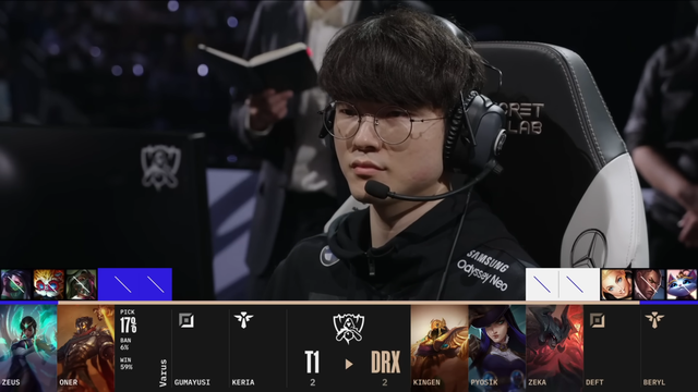 Đến tận ván 5 và DRX đã để Aatrox ở tận lượt chọn thứ 3 nhưng T1 vẫn không cấm cũng như không chọn cho Zeus ở CKTG 2022