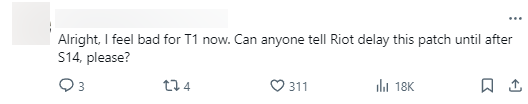 "Được rồi, tôi cảm thấy tệ cho T1 rồi đấy. Ai đó nói với Riot dời bản cập nhật này xuống sau CKTG năm nay được không?"