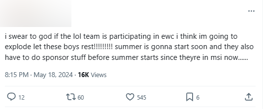 "Tôi sẽ phát điên nếu họ phải tham dự EWC. Hãy để các cậu ấy được nghỉ. Mùa Hè sẽ đến sớm và họ cũng phải làm nghĩa vụ với nhà tài trợ trước khi Mùa Hè bắt đầu"