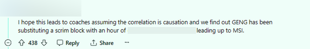 "Tôi hy vọng điều này sẽ khiến các huấn luyện viên nhầm tưởng phương pháp tập luyện của Gen.G là yếu tố then chốt và chúng ta phát hiện ra họ đã có một chiến thuật tập luyện độc đáo trước thềm MSI"