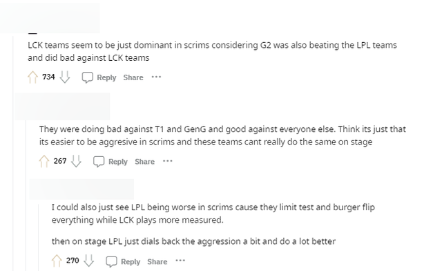 Khán giả quốc tế tranh luận về ý nghĩa cũng như thói quen đấu tập của các đội, đặc biệt là LPL