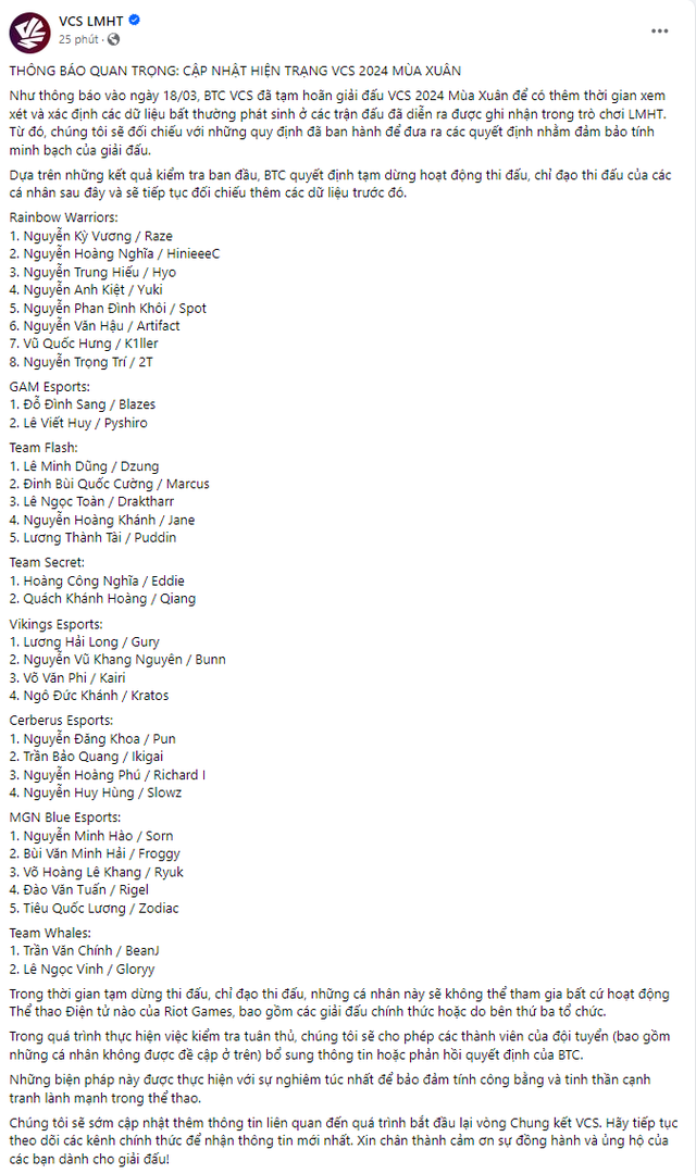 Thông báo của BTC VCS về danh sách 32 tuyển thủ tiếp tục bị điều tra bổ sung giữa nghi án tiêu cực