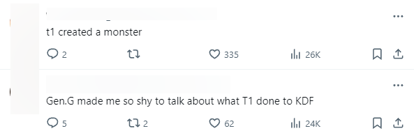 Khán giả Gen.G bình luận: "T1 đã tạo nên một quái vật", "Gen.G làm tôi cảm thấy xấu hổ khi nói về những gì T1 đã làm với KDF" Khán giả Gen.G bình luận: "T1 đã tạo nên một quái vật", "Gen.G làm tôi cảm thấy xấu hổ khi nói về những gì T1 đã làm với KDF"