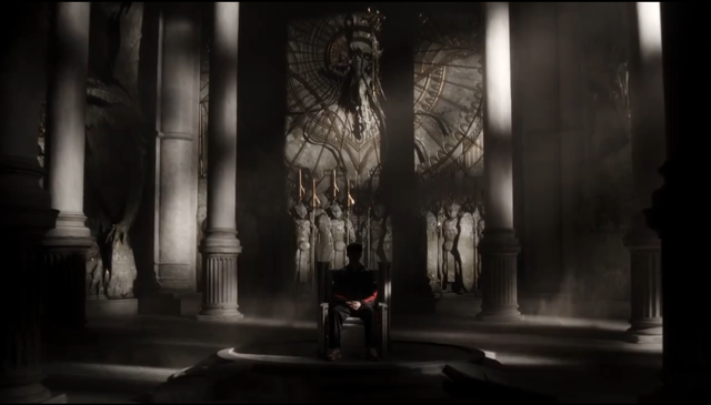 Hình ảnh Faker ngồi trên ngai vàng ẩn hiện trong bóng tối và sau lưng là Azir cùng quân đoàn lính cát của Hoàng đế Shurima